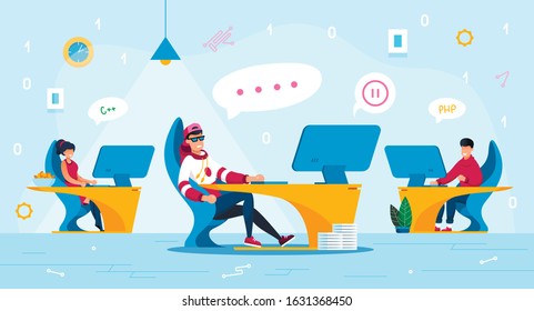 Workers Motivation Problems and Procrastination Trendy Flat Vector Concept. IT Company Employee, Lazy Programmer, Software Developer Procrastinating at Workplace, Filling Lack of Energy Illustration