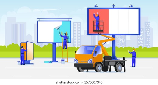 Workers mount posters using stairs and aerial work platforms. Street advertising on a billboard concept. Vector flat cartoon illustration. White blank billboard and lightbox on cityscape background
