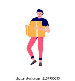 Workers moves new home, house. People moving and collect supplies in boxes. Men  cartoon characters packing belongings. Young couple unpacking concept, delivery, relocation, move box. Vector