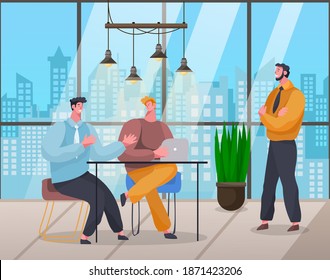 Workers in office with panoramic windows city view, young guy talking with colleagues, man listening partners, working with laptop, designers or co-workers discussing project, plan or startup