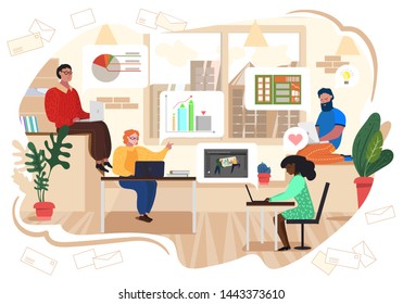 Workers in Office Sitting on Table Develop Project. Employees in Office. Digital Marketing. Vector Illustration. Business Team. Office Interior. Teamwork. Achieve Goal. Explore Chart Performance.