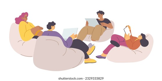Workers in office sitting in sack chairs holding laptops looking at screens. isolated employees working cozily at workplace. People with gadgets communicating and talking. Vector in flat style