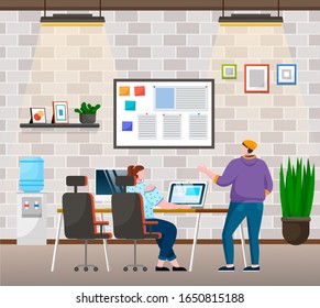 Mitarbeiter im Büro, die an der Entwicklung von Unternehmen denken. Inneneinrichtung des Arbeitsraumes von Mann und Frau. Weibliche Schriftzeichen, die an der Analyse von Informationen über Laptops arbeiten. Vektorillustration auf Flach-Art