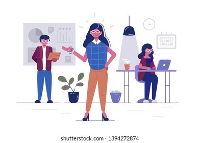 Workers in office vector illustration. Man and women sitting at desk, standing in cabinet, typing on computer flat concept. Business characters working in bureau. Effective and productive teamwork