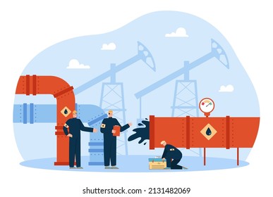 Workers in oil factory flat vector illustration. Men or people in uniform fixing broken petroleum pipeline or pipe. Oilmen working together. Industry, production, job concept