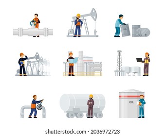 Trabajadores de las fábricas de petróleo y gas se instalan. Trabajador petrolero en cascos y uniformes reparando tuberías y perforando pozos industriales cargando materias primas en tanques y barriles. Producción de dibujos animados vectores.