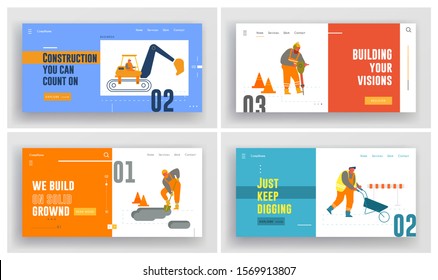 Trabajadores en construcción de reparación de carreteras. Sitio Web Landing Page Set. Los constructores trabajan en la calle con herramientas manuales y camiones excavadores de la industria. Banner de la página web de mantenimiento. Ilustración de vectores planos de dibujos animados
