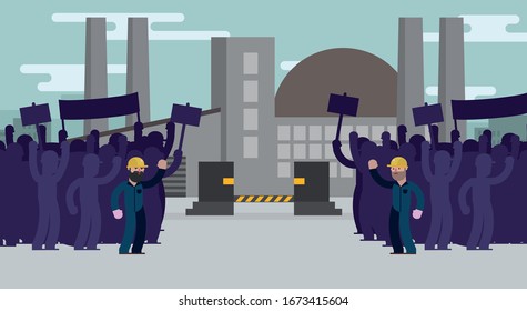 Workers On Strike In Front Of A Factory. Factory Closed, Bankrupt