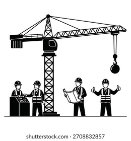 Trabajadores operando grúas, planificando y supervisando.