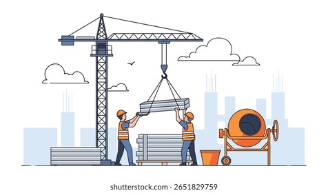 Workers operating heavy machinery at urban construction site scene