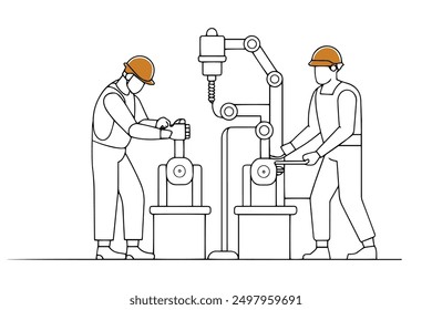 Workers operating machinery in a factory Hand drawn offset fill with doodle illustration