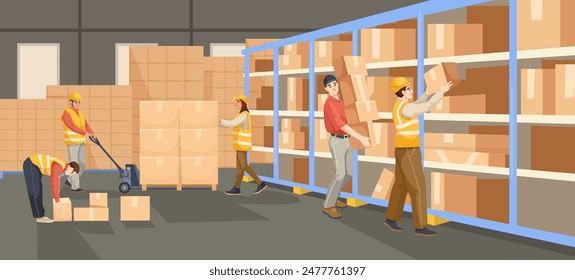 Workers organizing boxes inside a warehouse, modern style, gray background. Concept of teamwork and logistics. Vector illustration