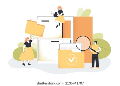 Workers Organizing Data Storage Flat Vector Illustration. Women Putting Folders In Cabinet. Man Searching For Document In Folder. Organized Archive, Database, Information Concept