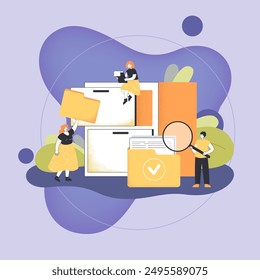 Workers organizing data storage flat vector illustration. Women putting folders in cabinet. Man searching for document in folder. Organized archive, database, information concept