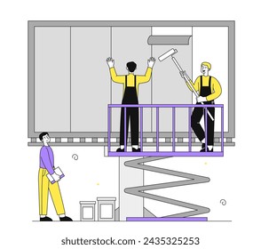 Trabajadores con garabatos de publicidad exterior. Hombres con rodillos de pintura cerca de la tabla grande. Marketing y comercio. Reparadores de uniforme. Ilustración plana simple del vector aislada en el fondo blanco