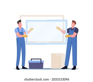 Workers in Overalls Put Glass in Frame, Installing Plastic Window in Apartments. Contractor Male Characters Construction Working, Home Renovation, Maintenance Process. Cartoon Vector Illustration