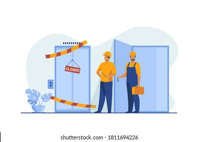 Workers in overalls standing near closed broken elevator. Repairmen, engineers, technicians flat vector illustration. Public utility, service concept for banner, website design or landing web page