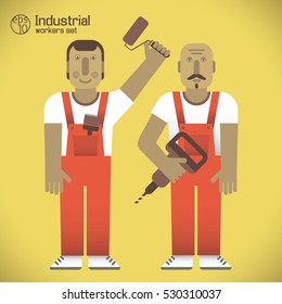 Workers in overalls with tools on yellow background with grey shade flat style isolated vector illustration