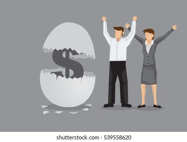 Workers Overjoyed To See Money Sign Inside A Cracked Egg Shell. Creative Cartoon Vector Illustration For Concept On Money For Nest Eggs For Employees.