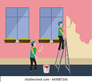 Workers paint the wall in pink