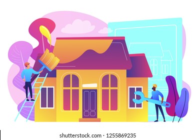 Workers with paintbrush and wrench improving the house. House renovation, property renovation, house remodeling and onstruction services concept. Bright vibrant violet vector isolated illustration