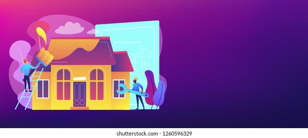 Workers with paintbrush and wrench improving the house. House renovation, property renovation, house remodeling and onstruction services concept. Header or footer banner template with copy space.