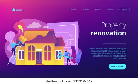 Workers with paintbrush and wrench improving the house. House renovation, property renovation, house remodeling and onstruction services concept. Website vibrant violet landing web page template.