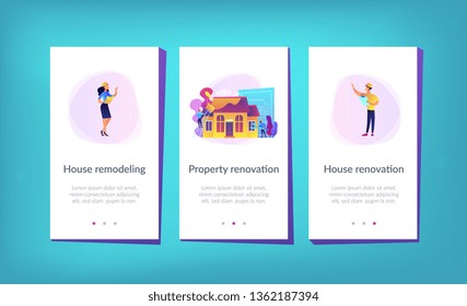 Workers with paintbrush and wrench improving the house. House renovation, property renovation, house remodeling and onstruction services concept. Mobile UI UX GUI template, app interface wireframe