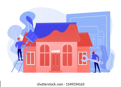 Workers with paintbrush and wrench improving the house. House renovation, property renovation, house remodeling and onstruction services concept. Pinkish coral bluevector isolated illustration