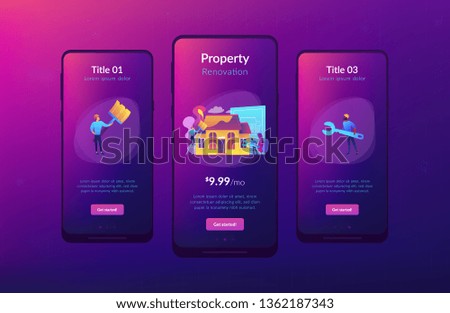 Workers with paintbrush and wrench improving the house. House renovation, property renovation, house remodeling and onstruction services concept. Mobile UI UX GUI template, app interface wireframe