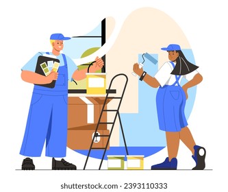 Workers painting wall concept. Man and woman in uniform with bucket of paints. Renovation and repair in home and room of apartment. Cartoon flat vector illustration isolated on white background