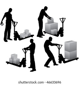 Workers with pallet stacker loading and carrying cardboard boxes