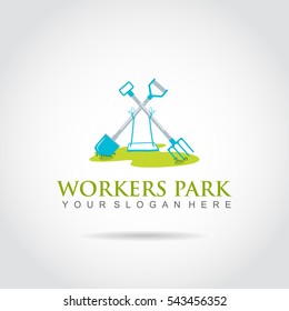 Workers Park logo template design. shovels and rakes shape. soft color light, white background. 