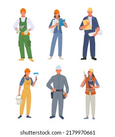 workers. people of different industrial professions engineers painters technicians in uniform clothes male and female persons standing. Vector characters