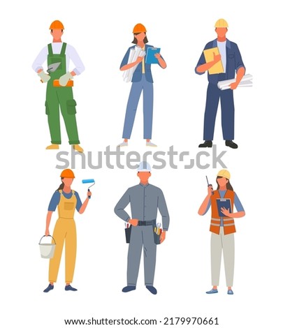 workers. people of different industrial professions engineers painters technicians in uniform clothes male and female persons standing. Vector characters