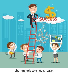 Workers people lift up stairs at boss going up to success, vector illustration cartoon