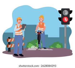 Workers performing street maintenance and roadwork, asphalt repair, vector illustration.
