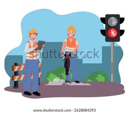 Workers performing street maintenance and roadwork, asphalt repair, vector illustration.