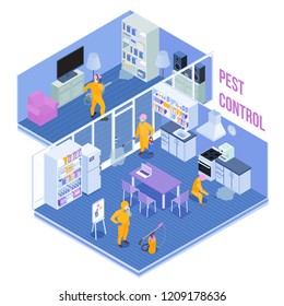 Workers of pest control service during sanitary processing of kitchen and living room isometric vector illustration