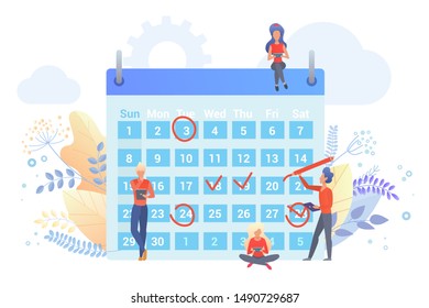 Workers planning time with calendar flat vector illustration. People marking dates with red circle, check signs cartoon characters. Time management metaphor. Scheduling agenda, company events