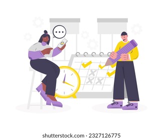 Workers planning week. Online calendar concept. Time management concept. Productive business people actively doing office job, making planning on calendar. Vector illustration in flat design