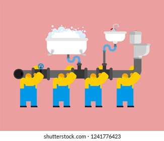 Workers and plumbing. Builders and sewage system.