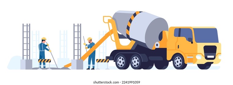 Workers pour cement from concrete truck. Mixer machine. Building material transportation. Architecture construction foundament. Industrial vehicle. Builders in uniform svg