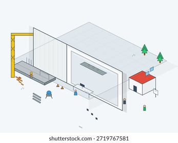 Trabalhadores estão presentes em um canteiro de obras com andaimes, árvores e uma pequena casa. As atividades incluem a construção e organização de materiais à luz do dia.