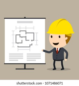 Workers Presentation and Conference meetings using flip charts, Vector illustration, Safety and accident, Industrial safety cartoon
