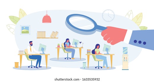 Workers Productivity, Corporate Ethics, Human Resources, Employee Search Flat Vector Concept. Boss, Hr Manager Watching on Workers, Analyzing Office Work, Searching People for Employment Illustration