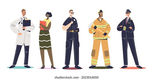 Workers in professional uniforms: pilot, firefighter, policeman cop, teacher and doctor isolated. Set of people wearing working clothes. Cartoon flat vector illustration
