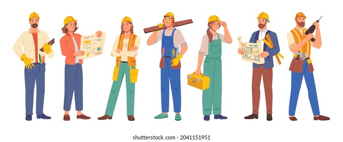 Workers professions isolated flat cartoon people set. Vector builders and architects, repairman and engineers, women and men industrial worker in uniform. Project managers, and employees in helmets - Shutterstock ID 2041151951