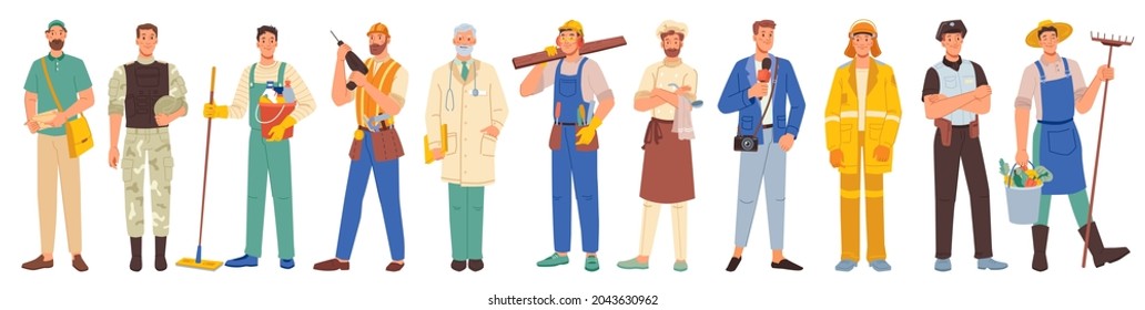 Workers professions isolated flat cartoon people set. Vector policeman, firefighter, builder and cook, doctor and farmer, journalist and military, postman, cleaner. Different occupations, man workers