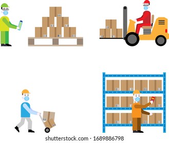 Workers With Protective Masks. Work In Warehouse. Sending Shipments. Safety At Work. Logistics And Inventory Security. Ordering Goods For The Customer.